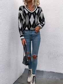 SHEIN Essnce 女時尚鑽石格紋毛衣 - 黑色 - 查看 5