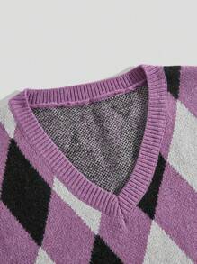 ROMWE MEN Academia Men Diamond Checkered Knitted Sweater Vest - Purple - View 4