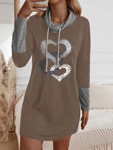 SHEIN LUNE Của phụ nữ In Trái tim Tay áo dài Dây rút Đầm - Màu nâu  Mocha - Xem 3