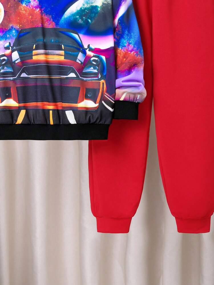 Boys' Casual Round Neck Sweater With Printed Pattern And Solid Color Knitted Pants Set