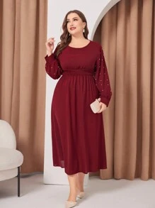 Mulvari 勃艮第红色女士加大码珍珠装饰圆领长袖连衣裙 - 酒紅色 - 查看 5