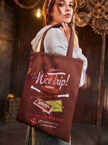 Willy Wonka and the Chocolate Factory X ROMWE 字母圖案購物袋 - 咖啡棕 - 查看 2
