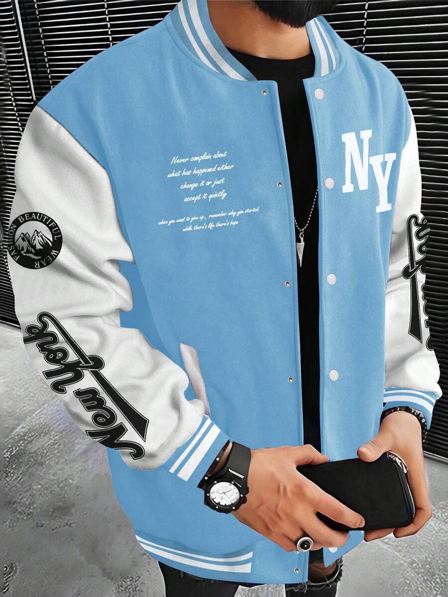 Manfinity Roughcore Chaqueta de béisbol de manga larga con bloqueo de color y estampado de eslogan para hombres, chaqueta de béisbol, otoño - Azul y blanco - Ver 1