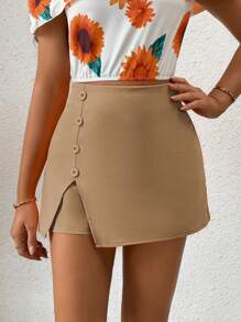 SHEIN Privé 女士側鈕裝飾安全褲短裙 - 卡其色 - 查看 3