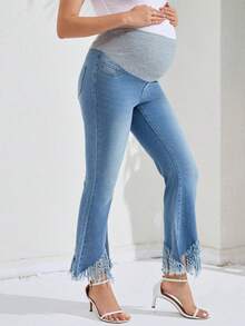 SHEIN 孕婦磨邊喇叭牛仔褲 - 中等水洗藍 - 查看 5