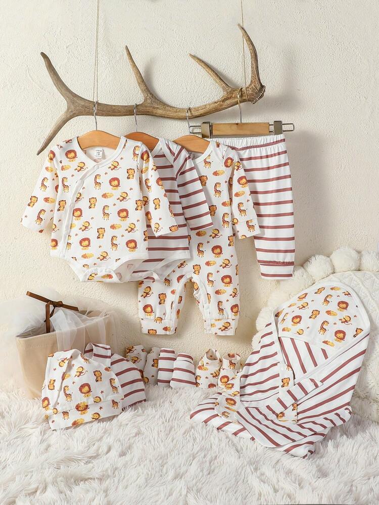 Newborn Baby Boy Gift Box Set With Fun Cartoon Animal Printed Bodysuit, Jumpsuit, Hat, Gloves, Socks, And Blanket, Suitable For Cute, Casual And Daily Wearing In Autumn And Winter