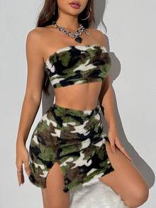 SHEIN Unity 女士迷彩印花毛絨管頂兩件套裝 - 軍綠色 - 查看 4