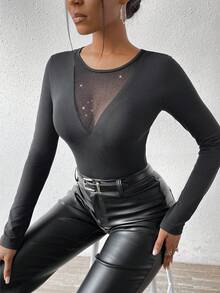 SHEIN Slayr 女款閃亮網眼拼接修身 T 卹 - 黑色 - 查看 7