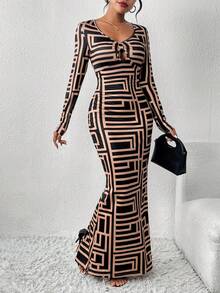 SHEIN Clasi Geo Print Cut Out Knot Front Mermaid Hem Dress - Multicolor - View 5