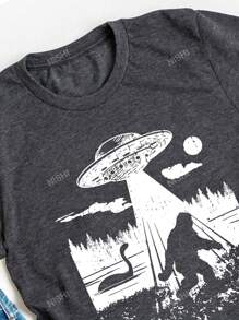 Camiseta de mujer de manga corta, cuello redondo, con estampado de OVNI, corte holgado