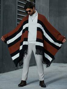 Manfinity Homme Áo khoác cardigan sọc màu khối hở phía trước không đối xứng cỡ lớn cho nam - Nhiều màu - Xem 4