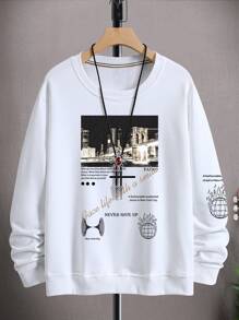 Manfinity Homme Men Slogan & Bridge Graphic Sweatshirt, Pullover Streetwear, White , For Fall, Long Sleeve Top - White - View 6