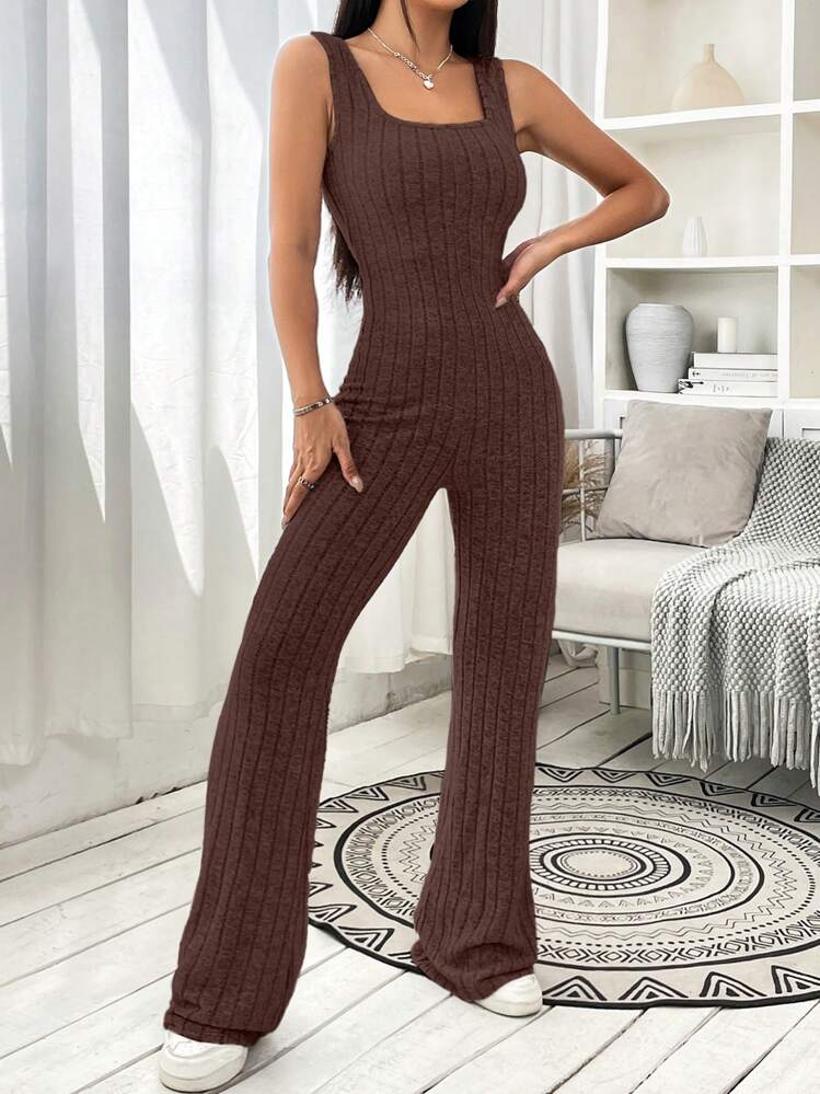 SHEIN EZwear レディース ソリッドカラー ノースリーブ スクエアネック