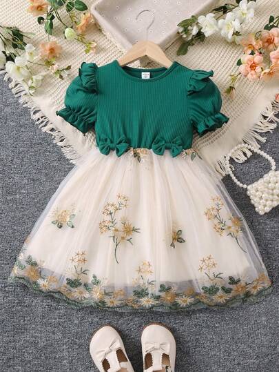 SHEIN Young Girl Vintage Mesh Flower Embroidery Patchwork Party Dress For Gathering