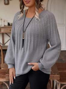 SHEIN LUNE Lantern Sleeve Round Neck Plus Size Sweater, For Winter Knit Pullover Fall Sweater - Grey - View 6