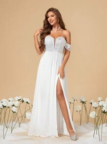 Off Shoulder Lace & 3d Flower Patchwork Chiffon Wedding Dress With High Slit - White - View 1