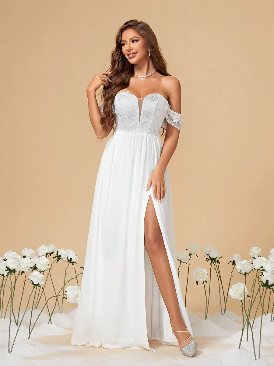 Off Shoulder Lace & 3d Flower Patchwork Chiffon Wedding Dress With High Slit - White - View 1