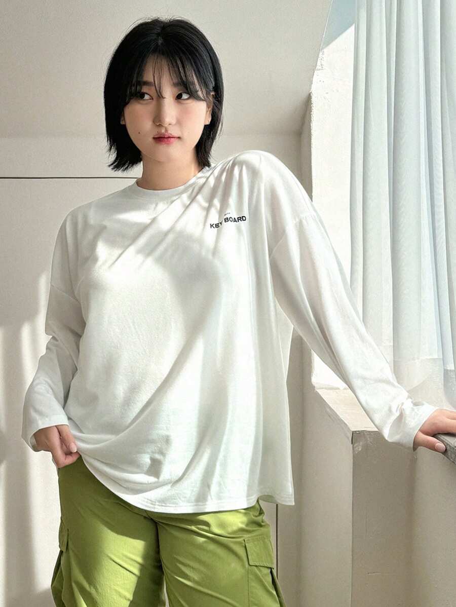 Dazy Petite Plus Women's Letter Print Drop Shoulder T-Shirt - White - View 1