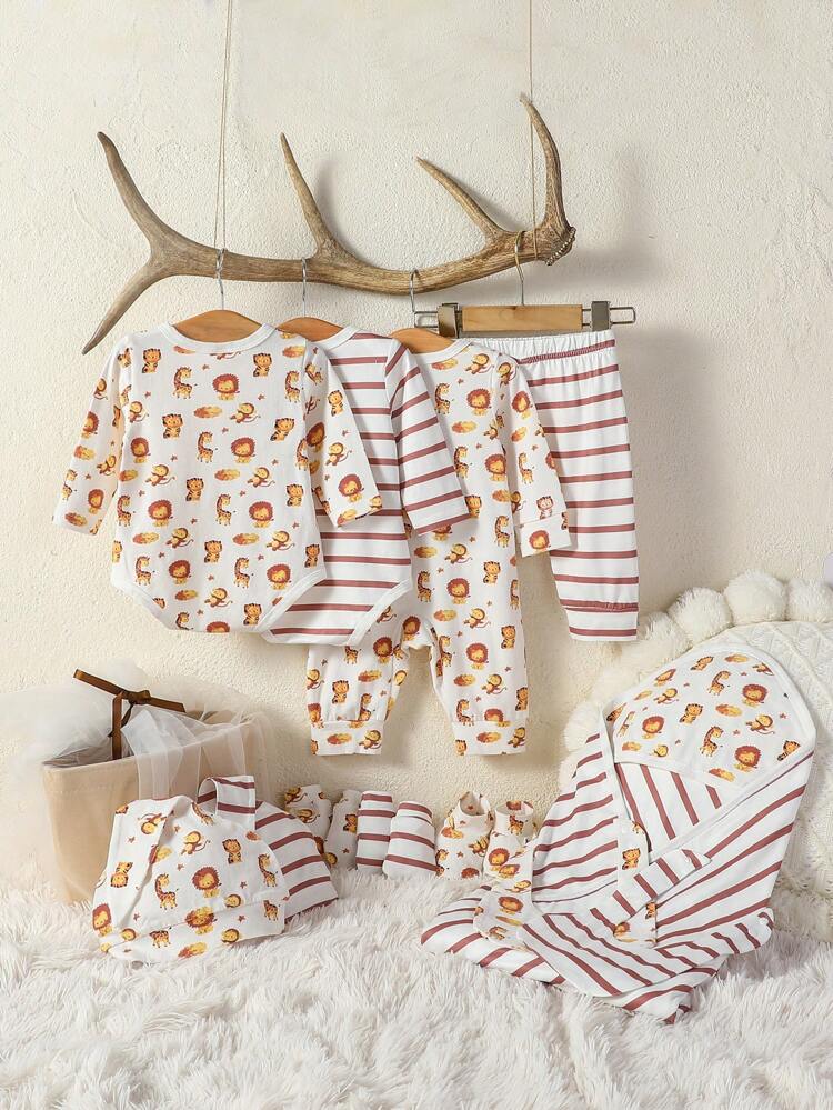 Newborn Baby Boy Gift Box Set With Fun Cartoon Animal Printed Bodysuit, Jumpsuit, Hat, Gloves, Socks, And Blanket, Suitable For Cute, Casual And Daily Wearing In Autumn And Winter