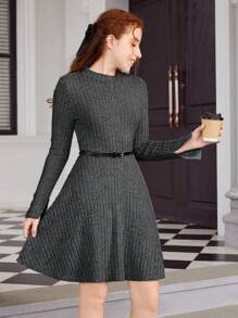 Đan Sọc Cổ cao Tay áo dài Ngày lễ Đầm - Màu xám đen - Xem 4