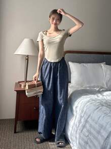 DAZY 女士纯色简约舒适家居服套装睡衣 - 綠色 - 查看 7