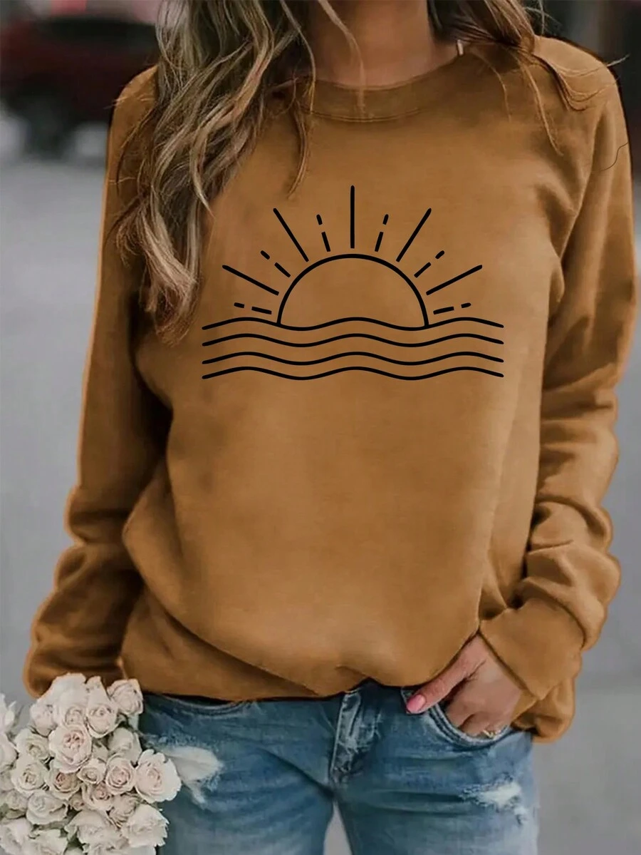 Casual Sun Print Crew Neck Sweatshirt, Autumn/Winter - Coffee Brown - View 1