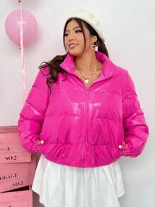 SHEIN EZwear Plus Size Side Pocket Zipper Padded Coat - Hot Pink - View 1