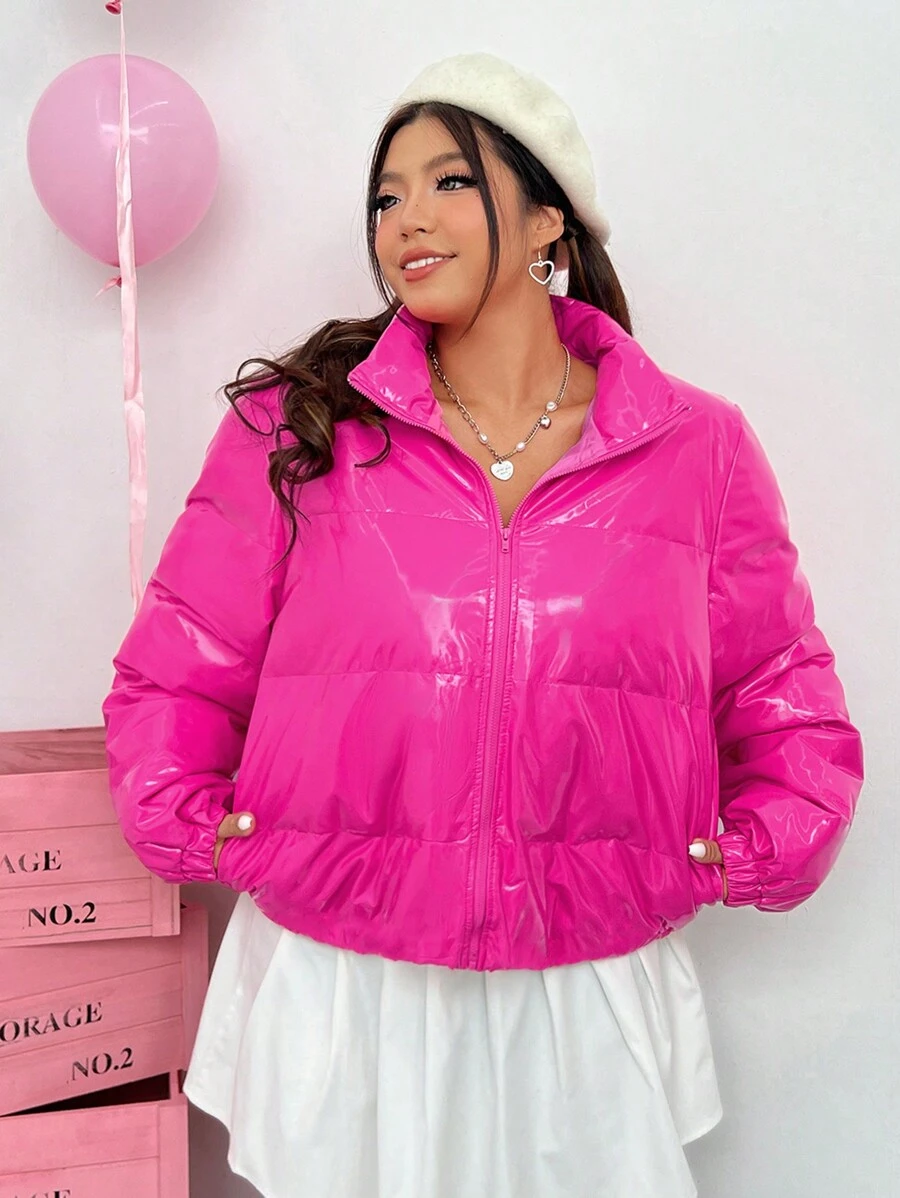 SHEIN EZwear Plus Size Side Pocket Zipper Padded Coat - Hot Pink - View 1