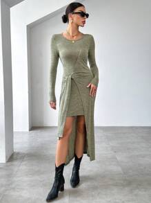 SHEIN Essnce 不对称下摆二合一连衣裙 - 軍綠色 - 查看 6