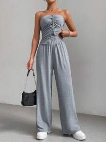 SHEIN Essnce 女款純色紐扣細節褶皺抹胸上衣和褲子兩件套 - 淺灰色 - 查看 4