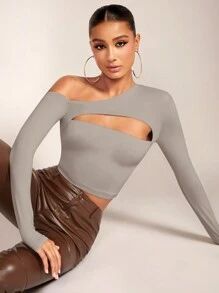 SHEIN BAE 女士不对称肩部镂空短款上衣 - 灰色 - 查看 3