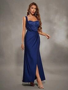 One Shoulder Knit Patchwork Embroidery Split Hem Mermaid Dress With Drop Neckline - Navy Blue - View 3