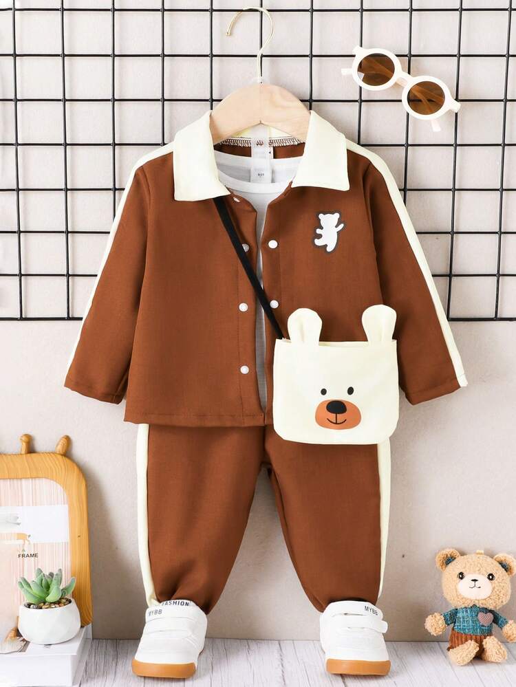 Neutral Baby Boys' & Girls' Cool Minimalist Bear Patterned Outfits With Matching Bag