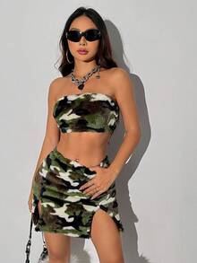 SHEIN Unity 女士迷彩印花毛絨管頂兩件套裝 - 軍綠色 - 查看 3