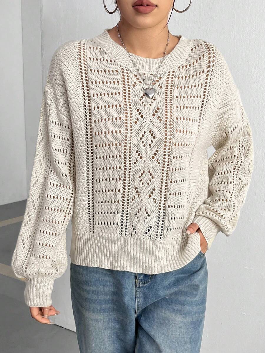 SHEIN Unity Mesh Knit Drop Shoulder Crew Neck Knit Pullover Fall Winter Sweater - Apricot - View 1