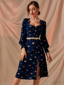 Seusyu Đầm Tách cao Loại bướm Tất cả trên in Thanh lịch - Màu xanh hải quân - Xem 5