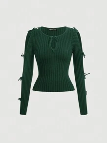 SHEIN MOD 女士氣質鑽石鈕領圓領毛衣,拼接蝴蝶結裝飾 - 綠色 - 查看 1