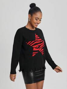 Rat Studio Women's Zebra Print Star Pattern Round Neck Drop Shoulder Sweater - Multicolor - View 6