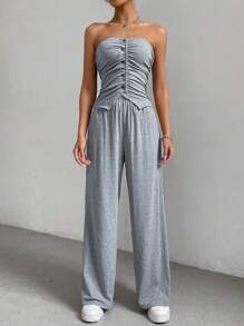 SHEIN Essnce 女款純色紐扣細節褶皺抹胸上衣和褲子兩件套 - 淺灰色 - 查看 3