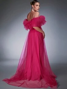 Hauture Váy hở vai xẻ đùi xếp nếp - Màu Hồng Tươi - Xem 2