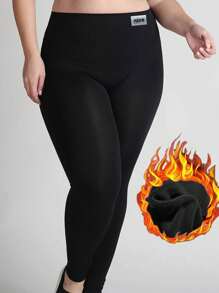 Calvaya Plus Size Letter Patterned Patch Thermal Lined Thermal Leggings, For Winter - Black - View 1