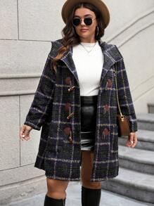 SHEIN LUNE Của phụ nữ Kích thước lớn Kẻ sọc áo có mũ Nút còi Len áo - Màu xanh hải quân - Xem 5