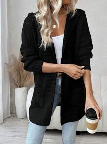 SHEIN LUNE Dual Pocket Hooded Duster Cardigan - Black - View 1