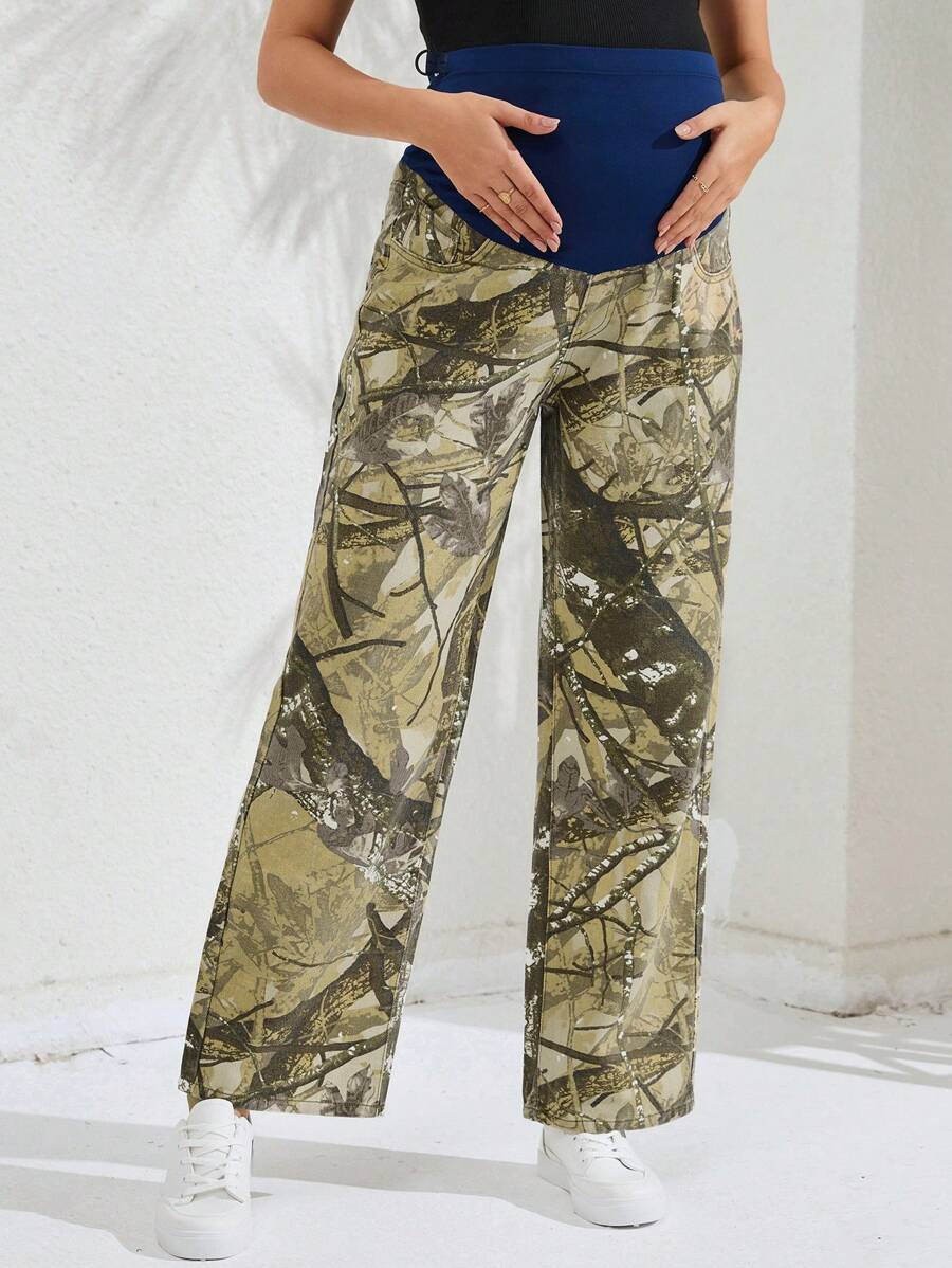 SHEIN Maternity Floral Printed Jeans - Army Green - View 1