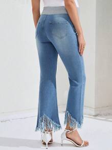 SHEIN 孕婦磨邊喇叭牛仔褲 - 中等水洗藍 - 查看 2