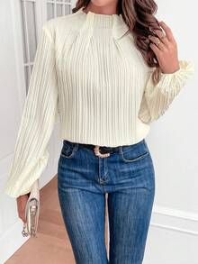SHEIN Frenchy 純色褶皺細節燈籠袖襯衫 - 杏色 - 查看 3