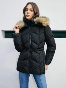 Anewsta Của phụ nữ Ngắn Áo khoác bông Với Dây thắt lưng - màu đen - Xem 4