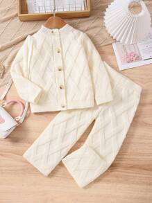 SHEIN 少女鑽石圖案針織開衫和針織褲套裝 - 白色 - 查看 1