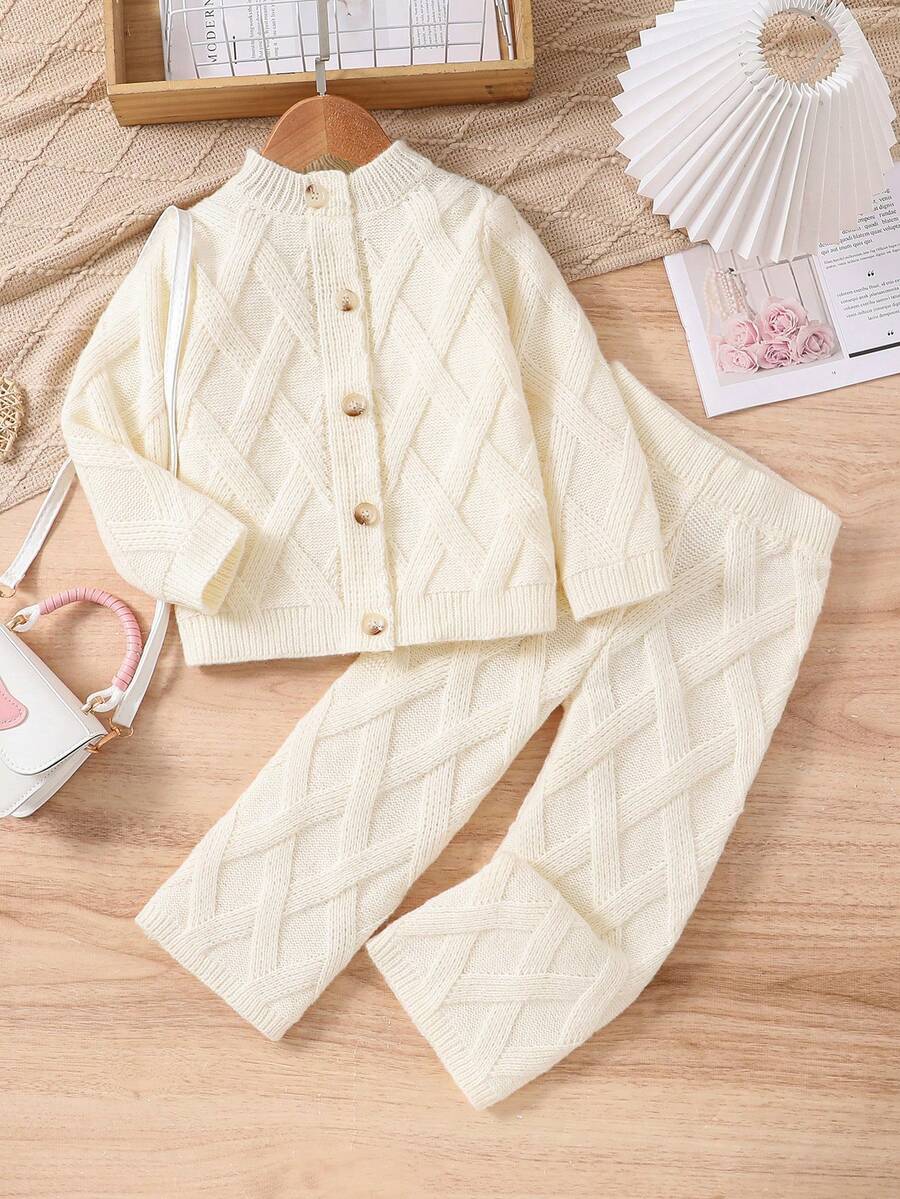 SHEIN 少女鑽石圖案針織開衫和針織褲套裝 - 白色 - 查看 1
