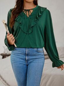 SHEIN LUNE Kích thước lớn Của phụ nữ Xù Hoa Sen Dây rút Áo thun Với Lá sen - Màu xanh lá cây đậm - Xem 1